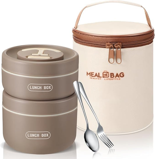 Dandat 2 Pcs Insulated Lunch Containers Thermal Bento Box with Bag Fork Knife Microwavable Stainless Steel Lunch Box 15.2 oz 21 oz Separate Stackable Thermal Food Jar for Adult Men Women(Khaki)