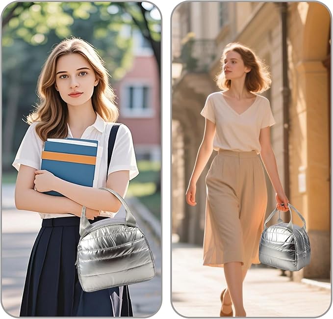 Lunch Bag Lunch Box for Women Men Adult Insulated Cute Small Quilted Puffer Lunchbox Reusable Thermal Lunch Cooler Tote Bag for Work, Picnic or Travel-Silver