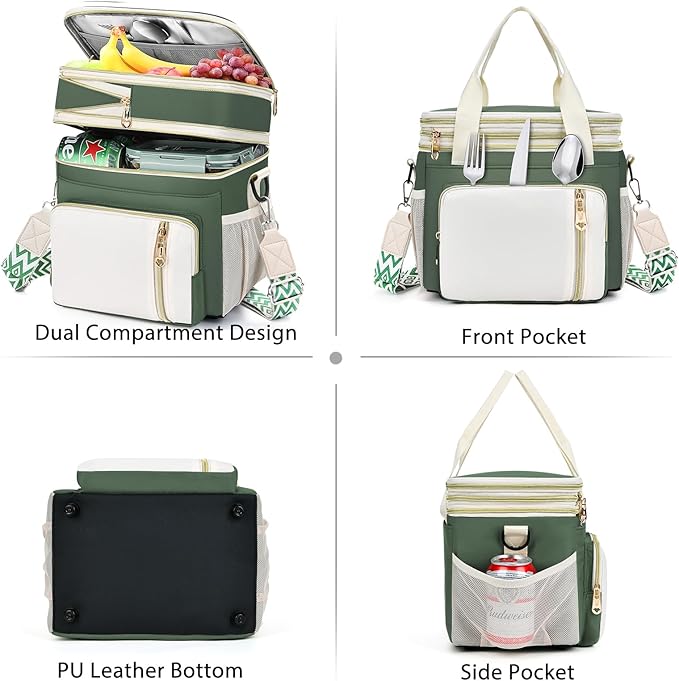 LOKASS Lunch Box for Women/Men-16L-Insulated Lunch Bag, Expandable Double-layer Leakproof Cooler Bag with Upgrade Adjustable Shoulder Strap Ideal for Work/Travel/Picnics（Army Green）