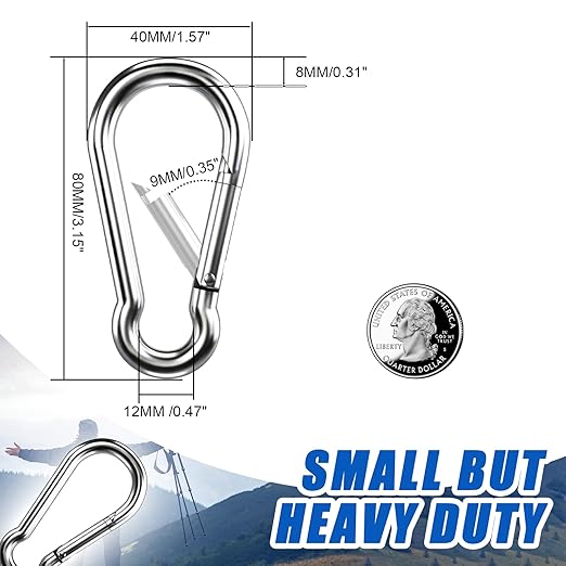Carabiner Clip Hooks, 15pcs 3.15 inch Carabiners Heavy Duty, 304 Stainless Steel Spring Snap Hook Fits Camping Hiking, Metal Clips for Rope Chain Keys Rings