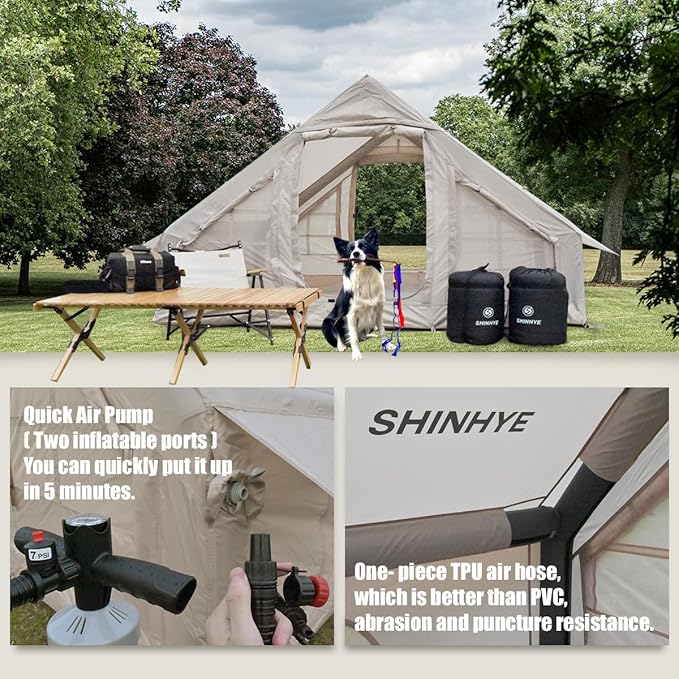 Inflatable Tent for Camping Blow Up Tents Glamping 4 Season House, Air Tents with Pump, Easy Setup Oxford Cabin House with Double-Layer Mesh Windows & Double Doors