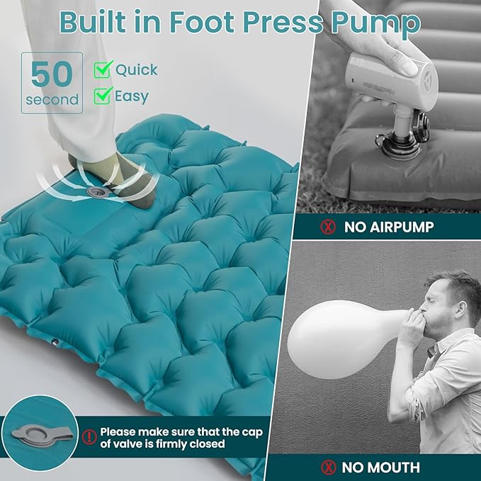 Inflating Sleeping Pad Mattress for Camping: Inflatable Camping Bed with Built-in Foot Pump for Tent - 4" Extra Thick Mat Air Cot for Floor - Blue
