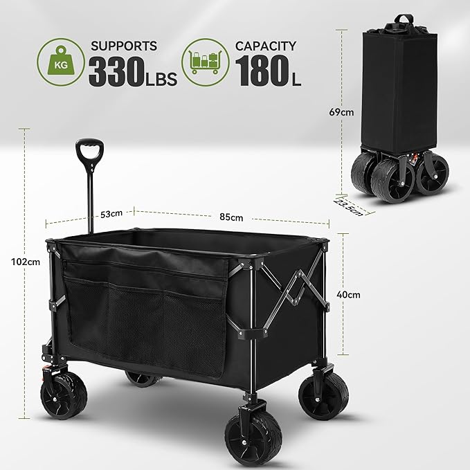 TECKNET Collapsible Foldable Wagon Cart, 150kg/330Lbs Weight Heavy Duty Folding Wagon with All-Terrain Big Wheels, Utility Wagon with Side Pocket for Grocery, Shopping, Sports, Garden, Camping
