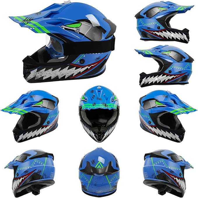 TCT-MOTORPARTS DOT Youth Kids Motocross ATV Helmets Offroad Street Dirt Bike Go-Kart BMX MX Full Face Helmet Blue w/Shark Mouth X-Large Size