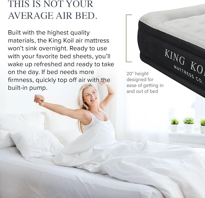 King Koil Luxury Full Size Plush Pillow Top Air Mattress with Built-in High-Speed Pump for Home, Camping & Guests 20" Inflatable Double High Blow Up Airbed, Durable, Waterproof