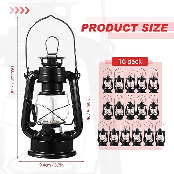 Hortsun 4 Pcs Black Vintage LED Camping Lanterns Warm LEDs and Dimmer Switch Battery Operated Metal Hurricane Farmers Hanging Lantern for Indoor Outdoor Usage Decor (8 Inch)