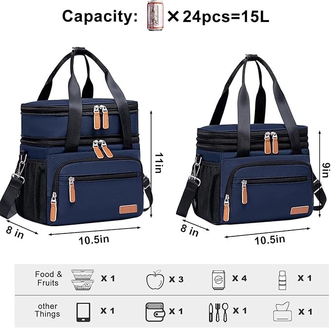 Weitars Insulated Lunch Box for Women Men-Dual Compartment Waterproof Reusable Large Lunch Bag Wide-Open Tote Cooler Bag for Working Picnic Hiking (15L) (Blue)