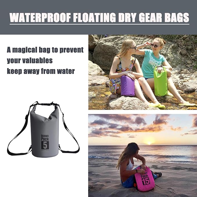 Floating Waterproof Dry Bag Backpack 5L/10L/20L, Roll Top Bag for Kayaking, Rafting, Boating, Swimming, Camping, Hiking, Beach, Fishing, Waterproof Beach Bag. (Gray, 5L)