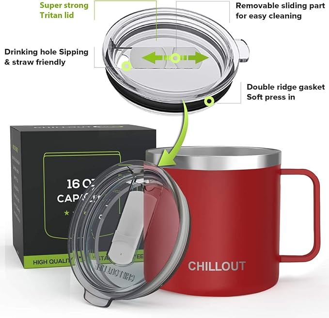 CHILLOUT LIFE Stainless Steel 16 oz Vacuum Insulated Coffee Mug with Handle and Lid, Large Thermal Camping Coffee Mugs with Sliding Lid for Men & Women, Keeps your Beverages Hot/Cold, 2 Pack