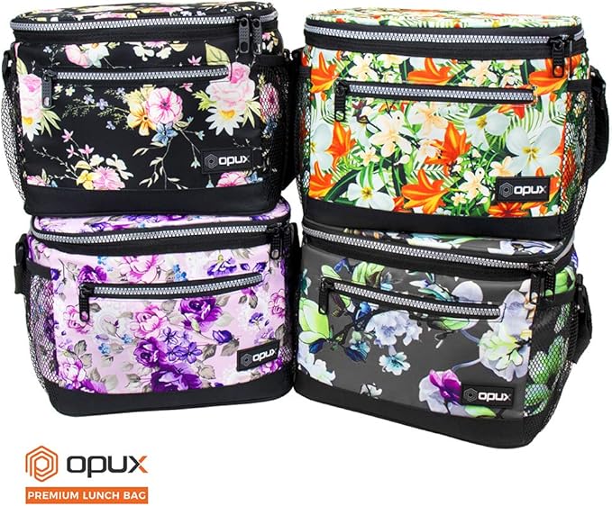 opux Insulated Lunch Box Men Women, Lunch Bag for Work School, Leakproof Soft Cooler Tote Adult, Large Lunch Pail Kids Boys Girls, Picnic Beach Food Bag with Shoulder Strap, Grey Floral
