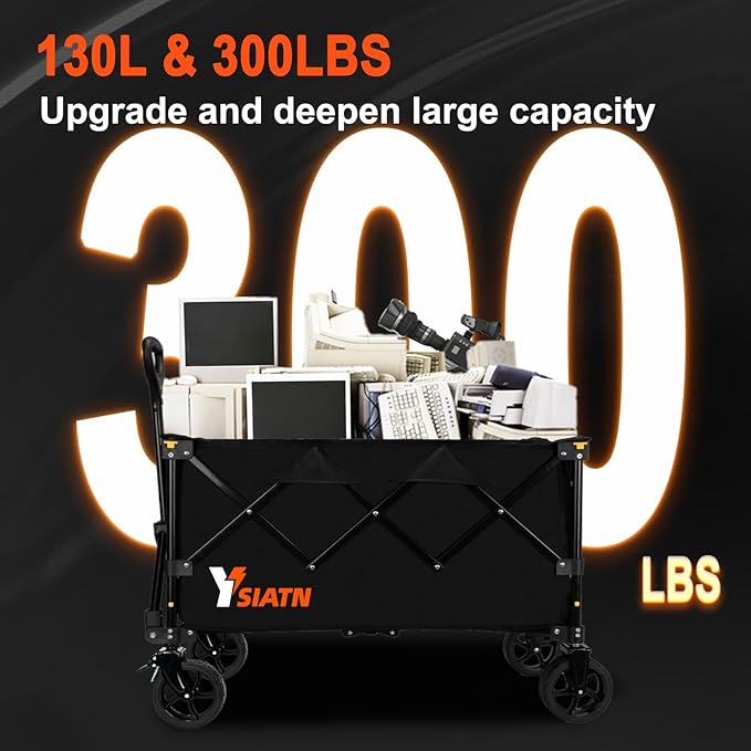 Collapsible Wagon Cart with Wheels Foldable, Folding Wagon Cart with All Terrain Wheel, Large Grocery Carts On Wheels, Heavy Duty Utility Wagons for Shopping Beach Sports Fishing Camping, 130L, Black
