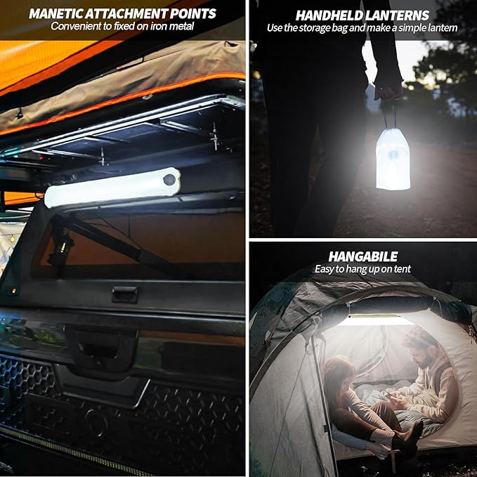 Solar Camping Lights Bars 23.6IN/60CM Tent Lights Rechargeable 2000mAh Foldable Inflatable for Outdoor IP66 Waterproof LED Tube Light for Camping, Hiking, Travel and More