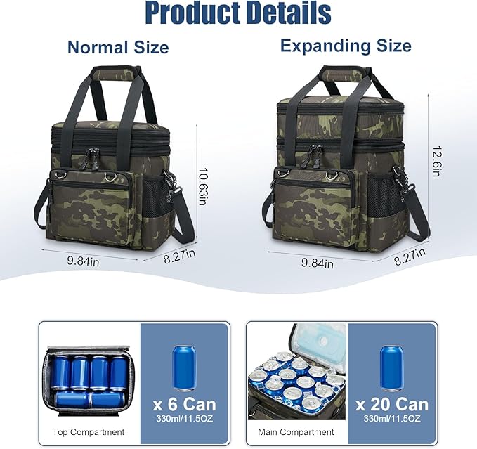 Insulated Lunch Box for Men/Women: Reusable Lunch Bag for Work Office Daytrip Picnic Beach - Leakproof Cooler Tote Bag Organizer for Adults - Black Camo