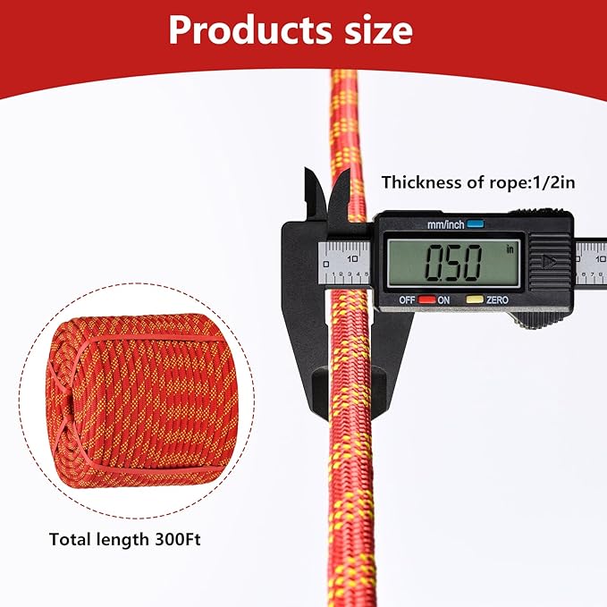 Arborist Rigging Rope - Red 1/2 in x 300 Ft Static Bull Rope for Climbing Tree Felling Pulling Various Outdoor Applications Construction Swing Sailing