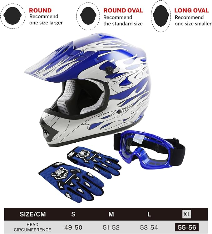 TCT-MOTORPARTS DOT Youth Helment Kids Four Wheeler Riding Helmet Motocross ATV Helmets Offroad Street Dirt Bike Go-Kart BMX MX Full Face Helmet Blue Flame X-Large Size