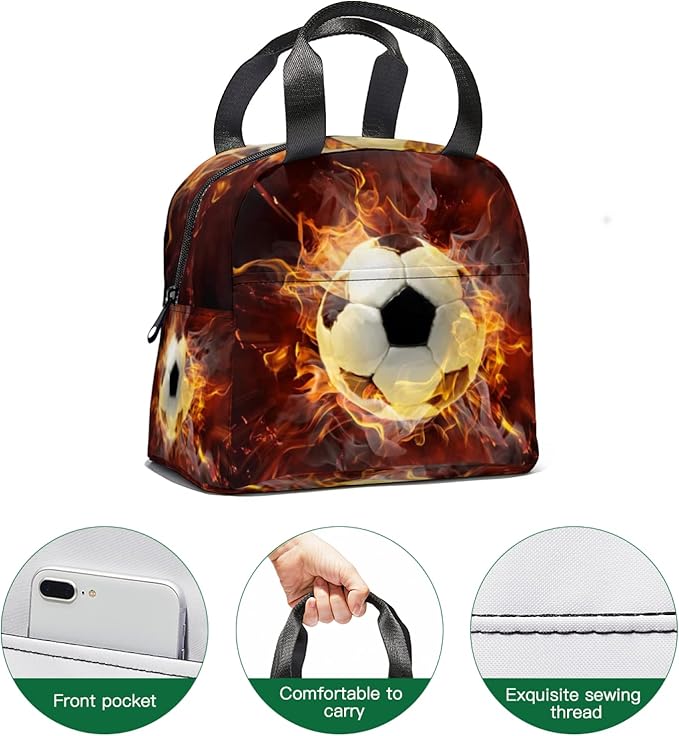 Giwawa Soccer Lunch Bag for Kids, Fire Sport Ball Insulated Reusable Lunch Box, 3D Football Print Thermal Cooler Lunch Tote Bag for Boys Girls School Men Women Office Picnic