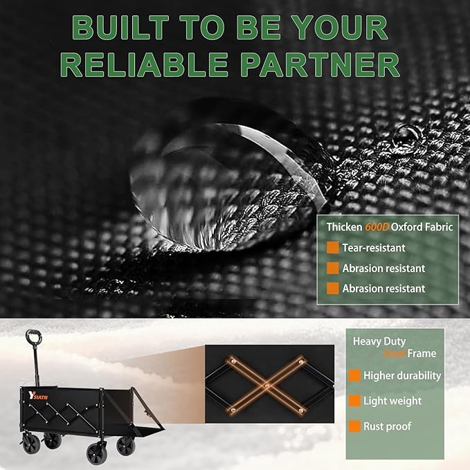 Collapsible Folding Wagon Cart with Tailgate - 300lbs Heavy Duty Foldable Utility Wagon and Brake Wheels - 100L Lightweight Grocery Wagons for Shopping Camping Sports Garden, Black