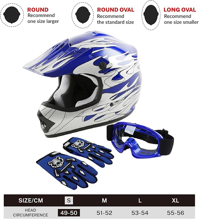 TCT-MOTORPARTS DOT Youth Kids Motocross ATV Four Wheeler Riding Racing Helmets Offroad Street Dirt Bike Go-Kart BMX MX Full Face Helmet Blue Flame Samll Size