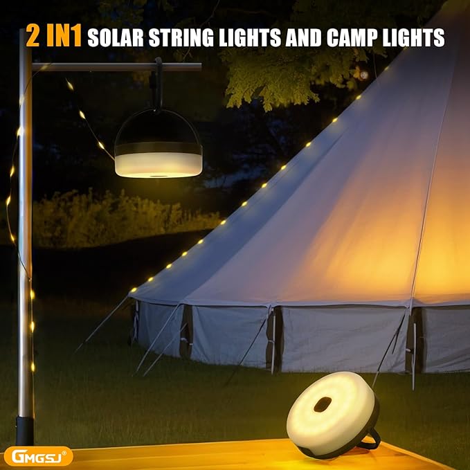Solar Camping String Lights,40.45FT Fairy String Lights with 10 Lighting Modes,Portable Waterproof Camping Lamp with Remote Control,Solar Power and USB Rechargeable Camping Lights for Yard Hiking