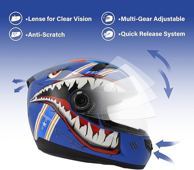 TCT-MOTORPARTS DOT Youth Kids Four Wheeler Helmet Motocross ATV Full Face Helmets for Offroad Street Dirt Bike Go-Kart BMX MX Blue Shark Mouth X-Large