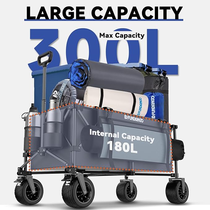 FUNDANGO 600lbs Collapsible Wagon, Foldable Beach Wagons Heavy Duty Garden Cart with Brakes, Side Pockets & All-Terrain Big Wheels for Sports Camping Shopping Groceries, Black
