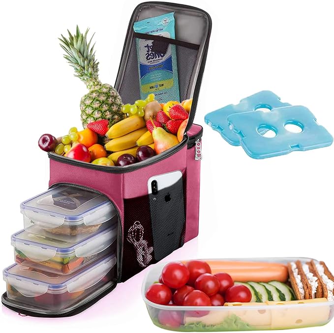 TOP&TOP Insulated Lunch Box and Cooler Bag for Women, Men - 13"L x 7"W x 9"H, 3 Reusable Meal Prep Containers, 2 Ice Packs, Detachable Shoulder Strap, Leakproof and Easy to Clean