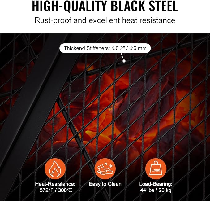 VEVOR X-Marks Fire Pit Grill Grate, Foldable Round Cooking Grate, Heavy Duty Steel Campfire BBQ Grill Grid with Handle and Support X Wire, Portable Camping Cookware for Outside Party, 36 Inch Black