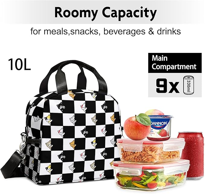 Lunch box Kids,Insulated Cat Lunch Bag Cute Small Checkered Lunch Totebag Reusable Leakproof Lunch Bag With Shoulder Strap for Girls Boys Women School Work Picnic