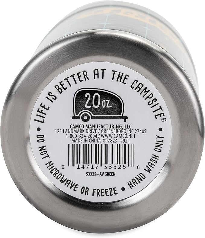 Camco Life is Better at The Campsite Tumbler | Heavy Duty Double Wall Vacuum Insulation | Crafted of 18/8 Stainless Steel | Unique “My Happy Place” Text w/Yellow Retro RV Design | 20-oz (53325)