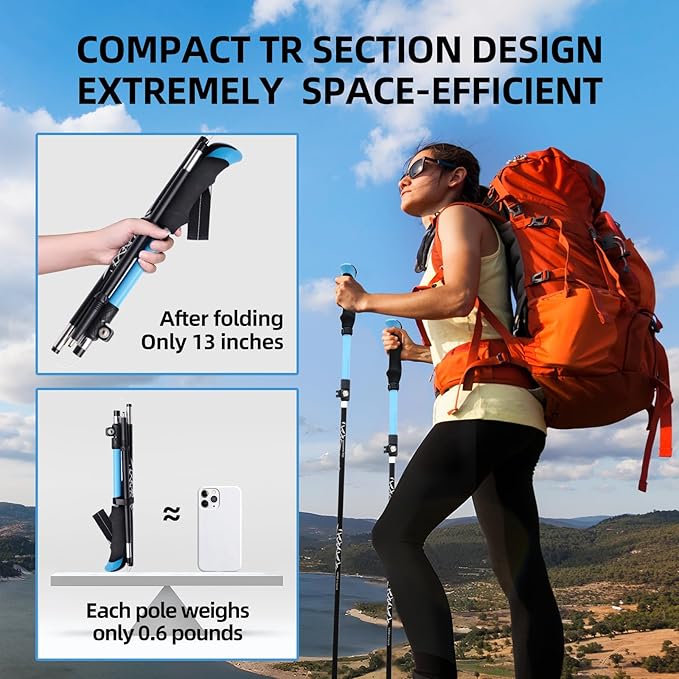 Folding Trekking Poles with an Outdoor Compass, Adjustable Rod Length，Lightweight & Foldable Walking Sticks for City Streets, Snowy Rerrain & Mountain Climbs, Durable Trekking Gear for Men and Women