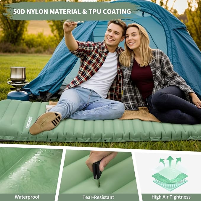 Extra Thick 4 Inch Camping Sleeping Pad, Splicable Ultralight Sleeping Pad with Pillow, Built-in Foot Pump, Lightweight Sleeping Mat for Camping Backpacking, Hiking, Tent (Green)