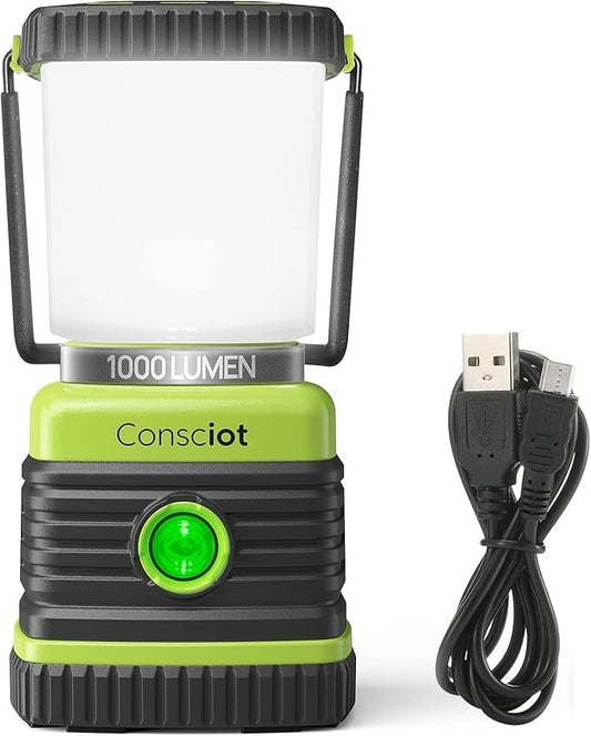 LED Camping Lantern Rechargeable, Consciot Camping Lights, 1000LM, 4 Light Modes, 4400mAh Power Bank, IPX4 Waterproof Tent Lights, Dimmable Flashlight for Emergency, Power Outages, USB Cable Included