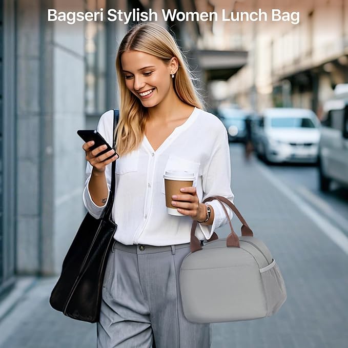 Bagseri Lunch Box for Women - Adult Lunchboxes for Men Reusable Leakproof Thermal Cooler Sack Food Handbags Case High Capacity for Work and Picnic (Gray)
