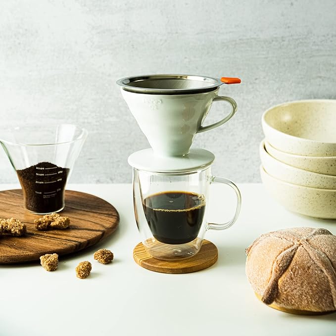 Reusable Coffee Filter for Pour Over Coffee Maker | Dual Layered Pour Over Mesh Filter with Glass Rest | Stainless Steel Coffee Filter & Glass Measuring Cup
