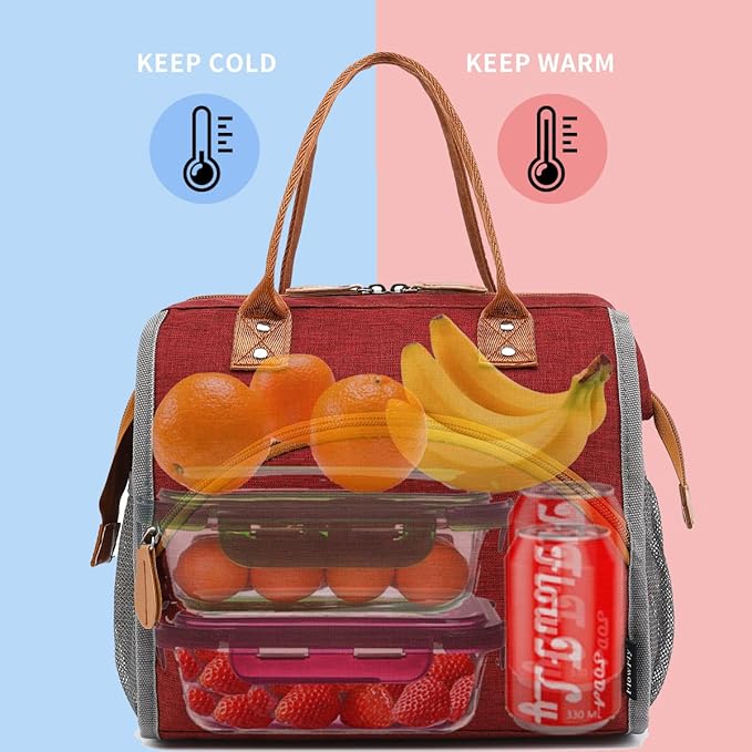 FlowFly Insulated Lunch Bag for Women, Men, and Kids, Large and Reusable, Handle, Work and School Travel Tote and Meal Prep Organizer, Red