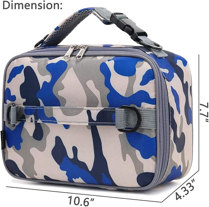 FlowFly Kids Lunch Bag, Durable Insulated School Lunch Box with Shoulder Strap and Bottle Holder, Water-resistant Thermal Small Lunch Cooler Tote for Teen Boys & Girls,Blue Camo
