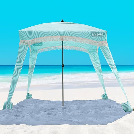OutdoorMaster Beach Cabana with Fringes, Portable 6' x 6' Beach Canopy for Sand, Easy Set Up Sun Shelter, Included Side Wall, UPF 50+ UV Protection Sun Umbrella - for Family & Friends -Light Green
