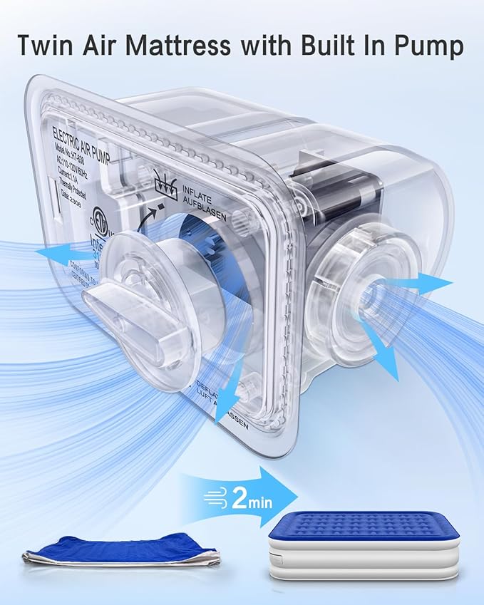 Twin Air Mattress with Built in Pump Luxurious Comfort 16" Raised Inflatable Mattress Twin Airbed Blow Up Mattress for Home and Guests 75"*39"*16"Air Bed 2 Mins Fast Inflate/Deflate 330 lbs Max