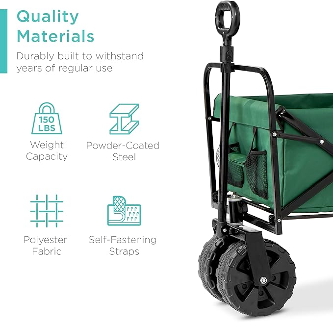 Best Choice Products 36in Collapsible Folding Utility Wagon, Multipurpose Indoor Outdoor Mobile Cart for Garden, Beach, Park, Shopping w/ 360-Degree Wheels, Adjustable Handle, 150lb Capacity - Green