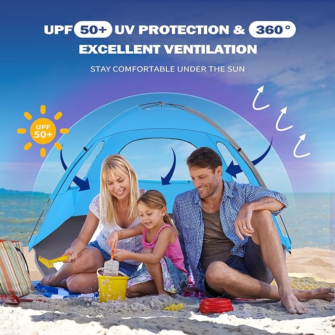 Beach Tent for 3-4 People, UPF50+ Sun Shelter with Breathable 3-Way Ventilation, 8.0mm Reinforced Fiberglass Poles, Portable Shade Canopy for Beach & Camping (Blue)