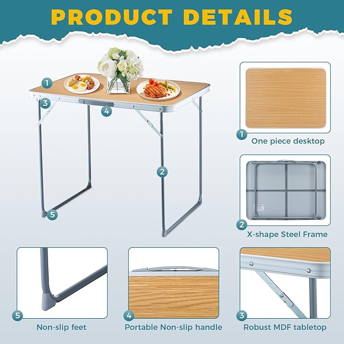 FUNDANGO Small Folding Table, Portable Lightweight Picnic Foldable Card Tables with Carry Handle for Outdoor Hiking BBQ Beach Backyard