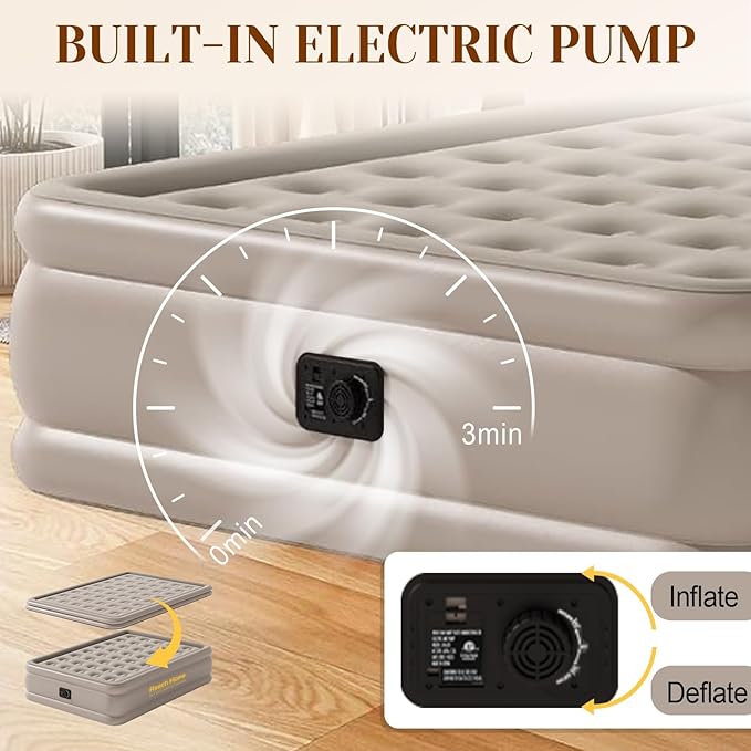 Air Mattress Queen with Built in Pump, Self-Inflatable Queen Size Air Mattress, Blow Up Double Bed with Storage Bag, Colchones Inflables Air Bed for Indoor & Outdoor.(18" Queen, Khaki)