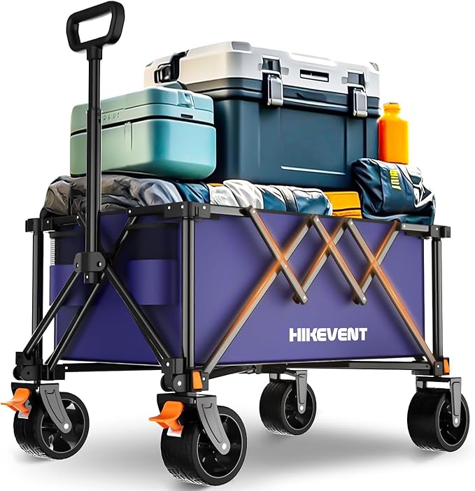 Collapsible Wagon Cart, 360LBS Heavy Duty Foldable Beach Wagon with Wider Wheels, Utility Grocery Shopping Cart for Garden, Camping, Sports, Blue
