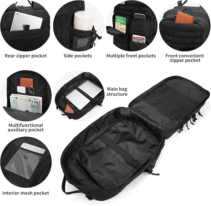 Wotony Tactical Backpack - Military waterproof backpack with multiple pockets and tactical gear for the outdoors (Black, 45L)