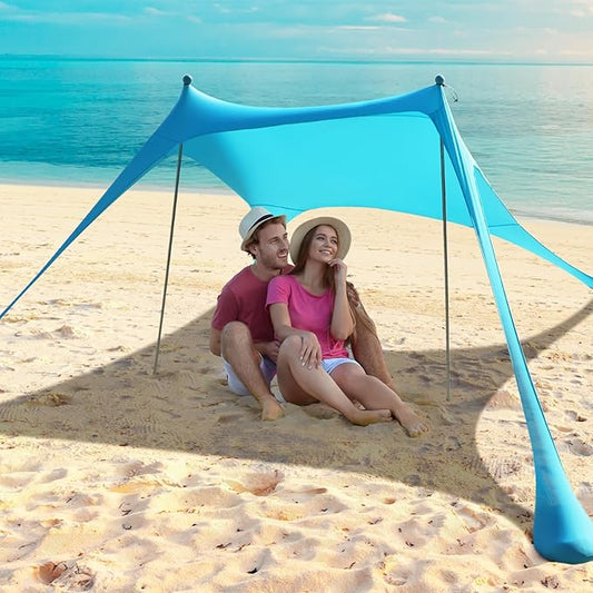 Beach Tent - Beach Shade UPF 50+ UV Protection, 9.8 x 6.5 FT, Anti-Wind Beach Canopy with 2 Poles, 2 Windproof Ropes, 1 Portable Bag, Beach Tent Sun Shelter Perfect for Picnics, Outdoors - Turquoise