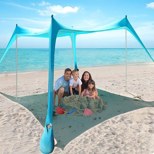 Beach Tent - Beach Shade UPF 50+ UV Protection, 9.8 x 9.8 FT, Anti-Wind with 4 Poles, 4 Windproof Ropes, 1 Portable Bag, Sun Shelter Perfect for Picnics