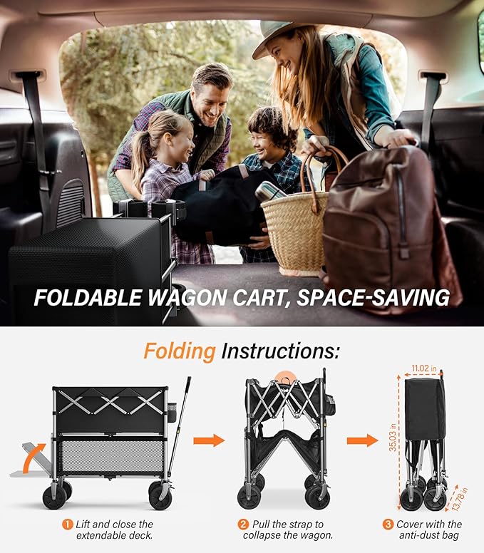 Collapsible Wagon Double Decker,Wagons Carts Foldable,Heavy Duty Wagon Camping Sports Garden Grocery,Utility Wagon for All Terrain Black