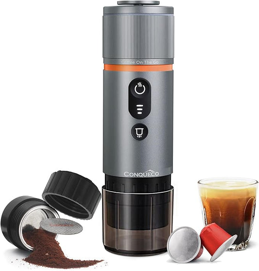 CONQUECO Portable Espresso Machine Travel: 8 cups 12V Electric Coffee Maker with Battery for Camping - 2.5 Mins Self Heating - With Ground Coffee & NS Capsule for RV, Hiking, Office
