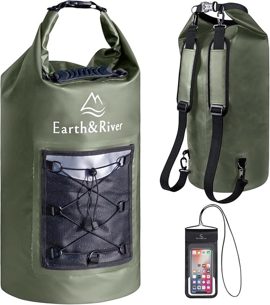 EARTH&RIVER Premium Dry Bag Backpack, Extra Thick, Protection for All Water Activities & Camping, Floating Lightweight Dry Bag with Inside Pocket Storage & IPX8 Waterproof Phone Case (Army Green, 40L)