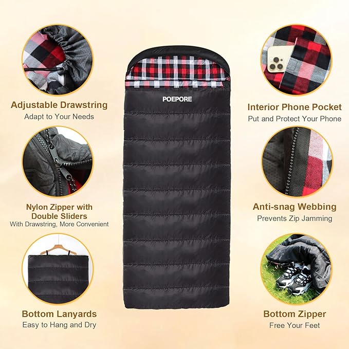 Flannel Sleeping Bag 0 Degree Cold Weather for Adults XXL Sleeping Bag 4 Season Big and Tall with Compression Sack